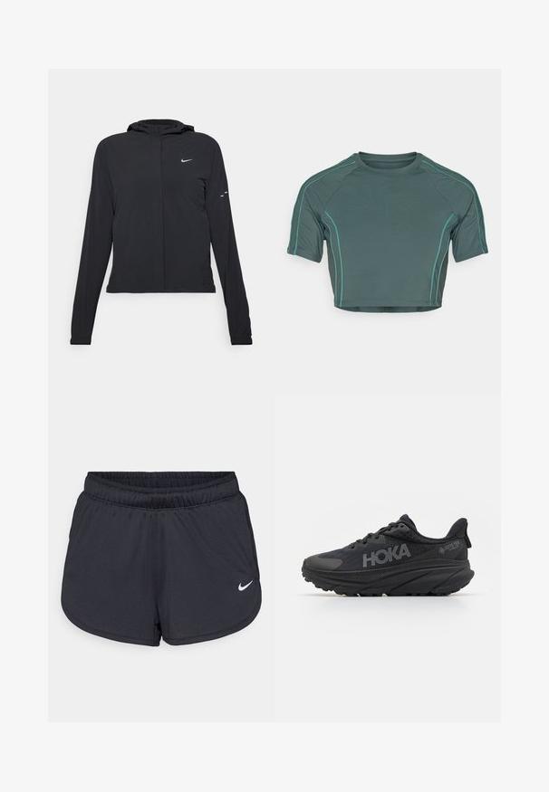 Černá kapucňová bunda s dlouhými rukávy, vyrobená z lehkého materiálu. Obsahuje přední zip, logo Nike a decentní designové akcenty.; Krátký top vyrobený z tmavě zelené látky, který má krátké rukávy, kontrastní světle zelené švy a kulatý výstřih s přiléhavým střihem.; Černé sportovní šortky vyrobené z lehké, prodyšné látky. Obsahují elastický pás a bílé logo Nike na dolní pravé straně.; Černé běžecké boty s síťovinovým svrškem, texturovanými akcenty a značkou HOKA. Obsahují silnou, zakřivenou podrážku a Gore-Tex pro odolnost vůči vodě.