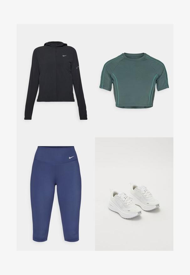 Zwarte kaptrui met lange mouwen, gemaakt van lichtgewicht materiaal. Voorzien van een ritssluiting aan de voorkant, een Nike-logo en subtiele ontwerpelementen.; Crop top van donkergroene stof met korte mouwen, contrasterende lichtgroene stiksels en een ronde halslijn met een aansluitend ontwerp.; Marineblauwe capri leggings van rekbare stof, met een brede tailleband en een klein wit logo aan de linkerkant. Geen zichtbare naden.; Witte sportieve schoenen met een gestructureerde mesh bovenkant, een comfortabele zool en subtiele grijze accenten. Inclusief branding en een lus aan de hiel voor eenvoudig aan- en uittrekken.
