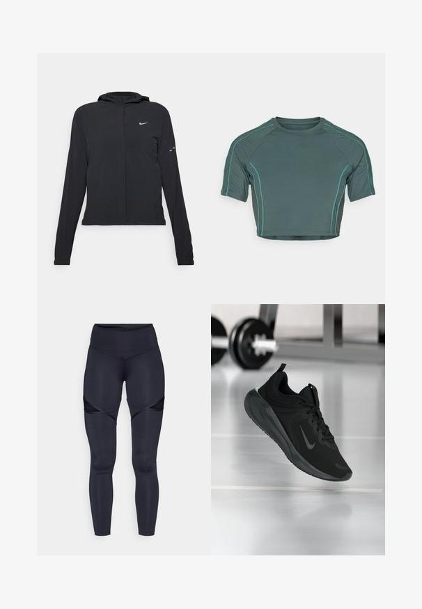 Juodas gobtuvas striukė su ilgomis rankovėmis, pagaminta iš lengvo audinio. Pasižymi priekiniais užtrauktukais, Nike logotipu ir subtiliais dizaino akcentais.; Tamsiai žalia medžiaga pagamintas trumpas viršus, turintis trumpas rankoves, kontrastingas šviesiai žalias siuvinėjimas ir apvalią iškirptę su prigulusia forma.; Aukštos juosmens, tamsiai mėlynos spalvos leggingai, pagaminti iš elastingos medžiagos, su tinkliniais išpjovimais šonuose ir lygiu, blizgiu paviršiumi.; Juodas sportinis sportbačiai su Nike logotipu, pavaizduoti ore virš sporto salės grindų, fone išblurinta hantelių laikiklis.