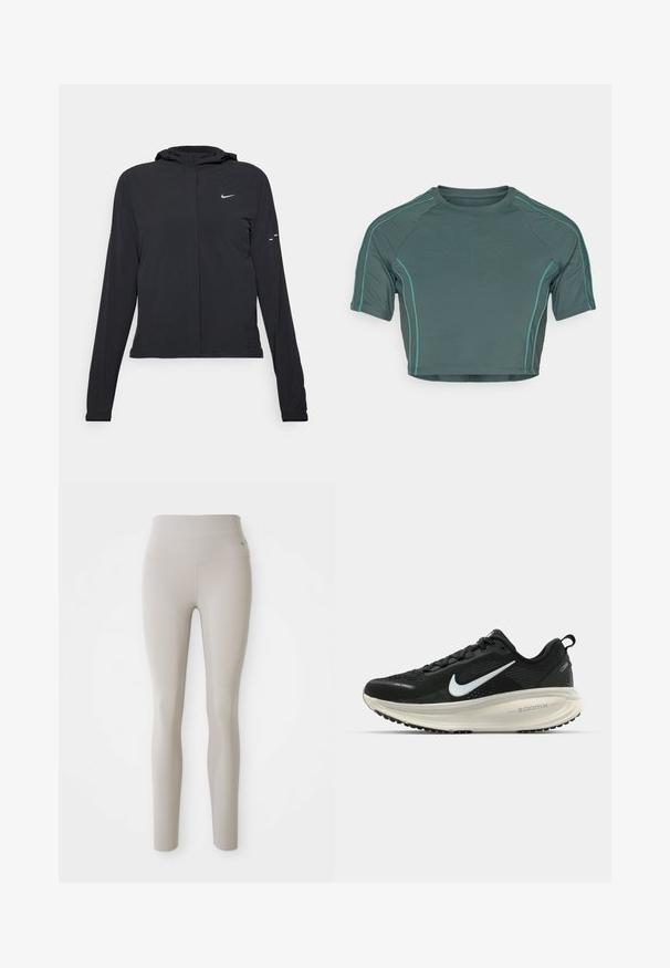 Crna jakna s kapuljačom i dugim rukavima, izrađena od laganog materijala. Ima prednji patentni zatvarač, Nike logo i suptilne dizajnerske detalje.; Uska kratka majica od tamnozelene tkanine s kratkim rukavima, kontrastnim svijetlozelenim šavovima i okruglim izrezom, s prilagođenim dizajnom.; Bež tajice visokog struka izrađene od rastezljivog materijala, s prilagodljivim dizajnom i glatkom teksturom, s malim logotipom na struku.; Crne Nike trkačke tenisice s prozračnom mrežastom gornjom konstrukcijom, bijelim swoosh logotipom, teksturiranim detaljima i kremastom ZoomX srednjom potplatnom jedinicom.