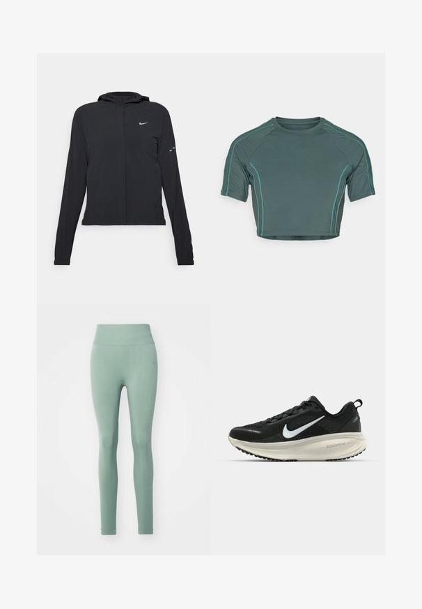 Must musta kapuutsiga jakk, millel on pikad varrukad ja mis on valmistatud kergetest materjalidest. Omab esitaskut, Nike logo ja kergelt silmatorkavaid disainiaktsente.; Tume rohelisest kangast lühikeste varrukatega crop top, millel on kontrastsed heledamad rohelised õmblused ja ümar kaelus, sobiva kujundusega.; Kõrge vöökoht, keha järgivad leggings helesinises. Valmistatud venivast kangast, millel on sile tekstuur. Ilma silmapaistvate mustrite või detailideta.; Musthave mustus Nike jooksujalats, millel on hingav võrgust ülemine osa, valge swoosh logo, tekstuuriga detailid ja kreemja värvusega ZoomX vahevöö.