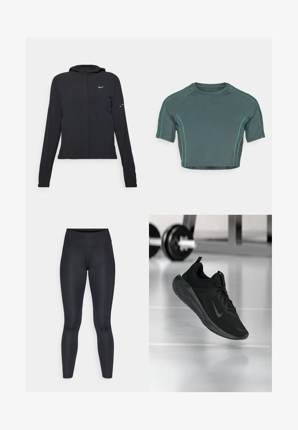 Giacca nera con cappuccio e maniche lunghe, realizzata in materiale leggero. Presenta una zip frontale, il logo Nike e accenti di design sottili.; Top corto realizzato in tessuto verde scuro con maniche corte, cuciture a contrasto di un verde chiaro e scollatura tonda con un design aderente.; Leggings neri realizzati in un tessuto liscio e elasticizzato. Vita alta senza motivi o dettagli visibili. Vestono aderenti dalla vita alle caviglie.; Sneaker sportivo nero con logo Nike, mostrato in volo su un pavimento da palestra, con un supporto per pesi sfocato sullo sfondo.
