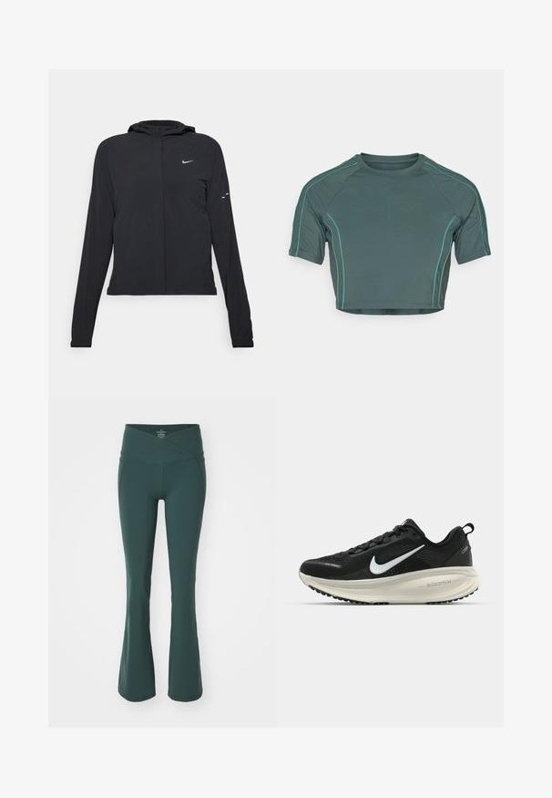 Casaco preto com capuz e mangas longas, feito de material leve. Apresenta um fecho dourado na frente, um logótipo da Nike e detalhes de design subtis.; Top curto feito de tecido verde escuro, com mangas curtas, costura em verde claro em contraste e com um decote redondo em design ajustado.; Sweaty Betty POWER BOOT CUT 2.0 WRAP WAIST - Calças de fato de treino - trek green; Sapatilha de corrida Nike preta com parte superior de malha respirável, logotipo Swoosh branco, detalhes texturizados e uma entressola ZoomX na cor creme.