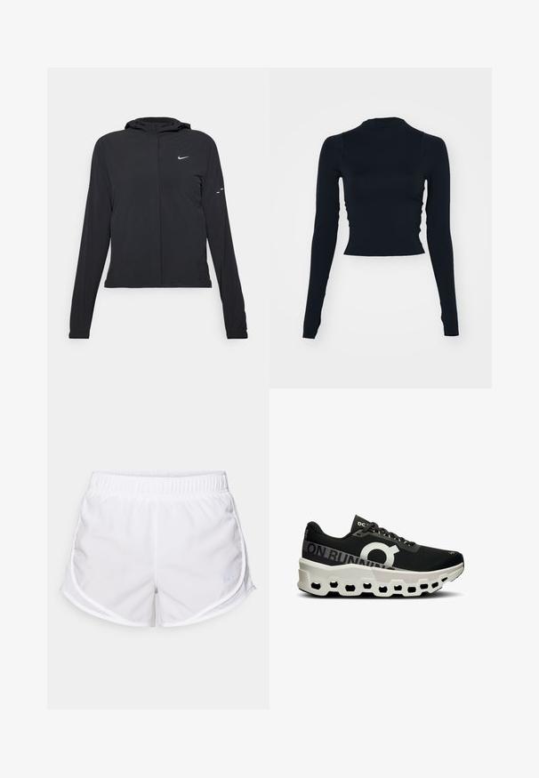 Black hooded jacket with long sleeves, made from lightweight material. Features a front zipper, a Nike logo, and subtle design accents.; Black, long-sleeve cropped top with a high neckline. Made of smooth, fitted material with no visible patterns or accents.; White athletic shorts made of lightweight, breathable fabric. Features an elastic waistband and mesh side panels, with a small blue logo accent.; Black running shoe with a textured mesh upper, prominent white logo, and a unique white and black molded sole with hexagonal cutouts.