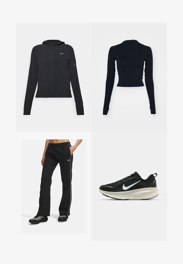 Schwarze Kapuzenjacke mit langen Ärmeln, aus leichtem Material gefertigt. Sie hat einen vorderen Reißverschluss, ein Nike-Logo und dezente Designelemente.; Schwarzes, langärmeliges, cropped Oberteil mit hohem Ausschnitt. Hergestellt aus glattem, enganliegendem Material ohne sichtbare Muster oder Akzente.; Schwarze Sporthose mit einem elastischen Bund, weißen seitlichen Streifen und weichem Stoff. Kombiniert mit dunklen, gemusterten Turnschuhen.; Schwarzer Nike-Laufschuh mit atmungsaktivem Mesh-Obermaterial, weißem Swoosh-Logo, strukturierten Details und einer cremefarbenen ZoomX-Zwischensohle.