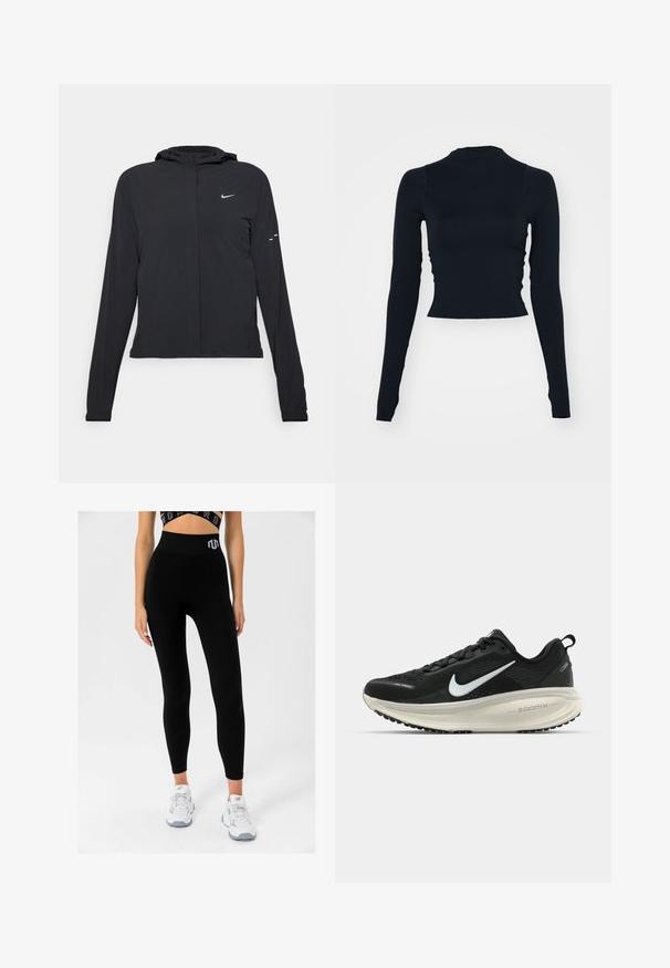 Black hooded jacket with long sleeves, made from lightweight material. Features a front zipper, a Nike logo, and subtle design accents.; Black, long-sleeve cropped top with a high neckline. Made of smooth, fitted material with no visible patterns or accents.; Black ribbed leggings with a high waistband featuring a logo, paired with white sneakers, displaying a fitted design and soft texture.; Black Nike running shoe with breathable mesh upper, white swoosh logo, textured detailing, and a cream-colored ZoomX midsole.