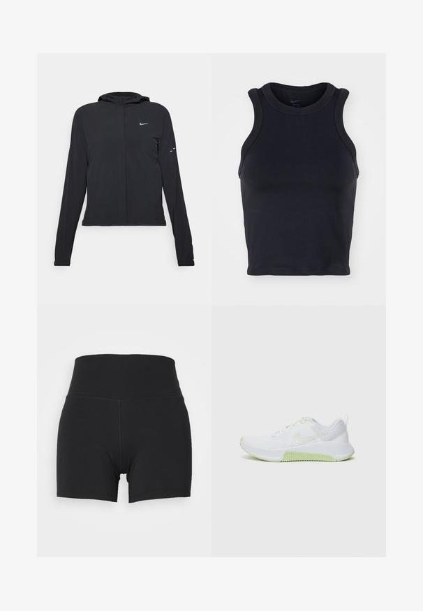 Svart huva jacka med långa ärmar, gjord av lätt material. Har en framdragare, en Nike-logotyp och subtila designelement.; Svart, ärmlös atletisk crop top med rund halsringning, tillverkad av ett slätt tyg. Har förstärkta sömmar och en åtsittande passform.; Svarta träningsshorts med hög elastisk midja, tillverkade av slät, stretchig tyg. Har en åtsittande design och minimala sömnadsdetaljer.; Vita atletiska skor med texturerat meshovandel, limgrön accent på sulan och snörningen, samt en rundad tådesign för flexibilitet.