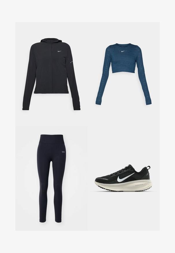 Black hooded jacket with long sleeves, made from lightweight material. Features a front zipper, a Nike logo, and subtle design accents.; Blue, long-sleeve crop top with a round neckline, featuring a tonal Nike logo and repeating text pattern in a light relief.; Navy leggings made from stretchy, soft fabric with a high waistband. Features a logo on the left hip and a smooth, clean design.; Black Nike running shoe with breathable mesh upper, white swoosh logo, textured detailing, and a cream-colored ZoomX midsole.