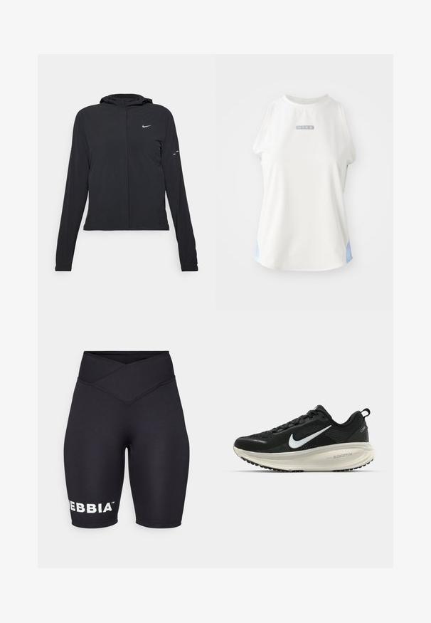 Černá kapucňová bunda s dlouhými rukávy, vyrobená z lehkého materiálu. Obsahuje přední zip, logo Nike a decentní designové akcenty.; Bílý bezrukávový top Nike s kulatým výstřihem, který má stříbrné logo a světle modré akcenty po stranách. Hladká, sportovní textilie.; Černé cyklistické kraťasy s vysokým zkříženým pasem. Vyrobeny z elastického materiálu s bílým brandingem "DEBBIA" na levé nohavici. Hladká textura.; Černá běžecká obuv Nike s prodyšným síťovaným svrškem, bílým logem swoosh, texturovanými detaily a krémovou mezipodešví ZoomX.