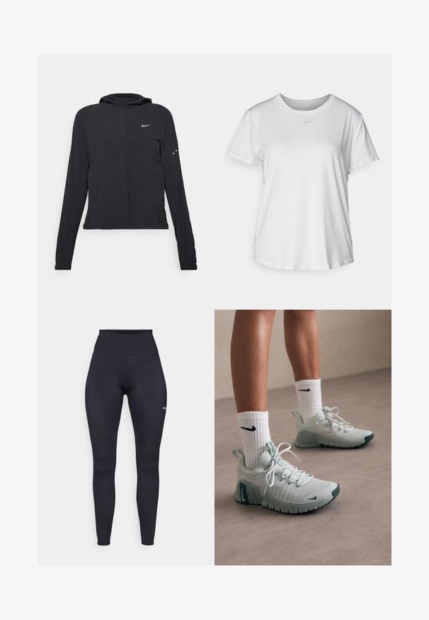 Black hooded jacket with long sleeves, made from lightweight material. Features a front zipper, a Nike logo, and subtle design accents.; White short-sleeve T-shirt made of smooth fabric, featuring a round neckline and a small grey Nike logo on the chest.; High-waisted black leggings made of stretch fabric, featuring a smooth texture and a small logo on the lower leg. Form-fitting design.; Light gray athletic shoes with textured fabric, white laces, and a green sole. Paired with white ribbed socks featuring a black logo.