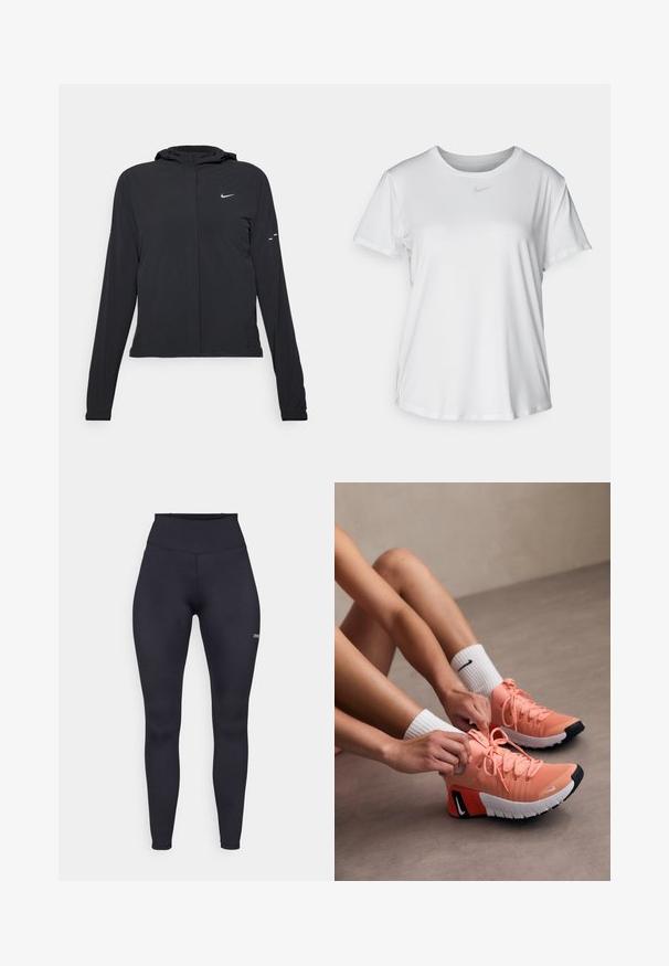 Svart hettegenser med lange ermer, laget av lett materiale. Har glidelås foran, Nike-logo og subtile design detaljer.; Hvit kortermet T-skjorte laget av glatt stoff, med rund halsringning og en liten grå Nike-logo på brystet.; Høytlivte sorte leggings laget av stretchstoff, med en jevn tekstur og en liten logo på underbenet. Tettsittende design.; Lette rosa treningssko med teksturert stoff, markante snøringer og gummisåler. Avsluttet med en kontrasterende svart og hvit logo-detalj.