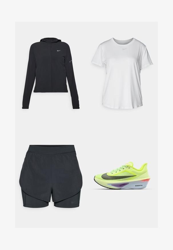 Giacca nera con cappuccio e maniche lunghe, realizzata in materiale leggero. Presenta una zip frontale, il logo Nike e accenti di design sottili.; T-shirt bianco a maniche corte realizzato in tessuto liscio, con scollatura tonda e un piccolo logo grigio Nike sul petto.; Shorts sportivi neri con un design a strati, caratterizzati da uno strato esterno morbido e da pantaloni interni aderenti. Realizzati in tessuto leggero e elasticizzato.; Scarpa da corsa verde e gialla con tomaia in rete, punta arrotondata, dettagli neri e argento, e suola in schiuma multicolore con il marchio "ZOOMX".