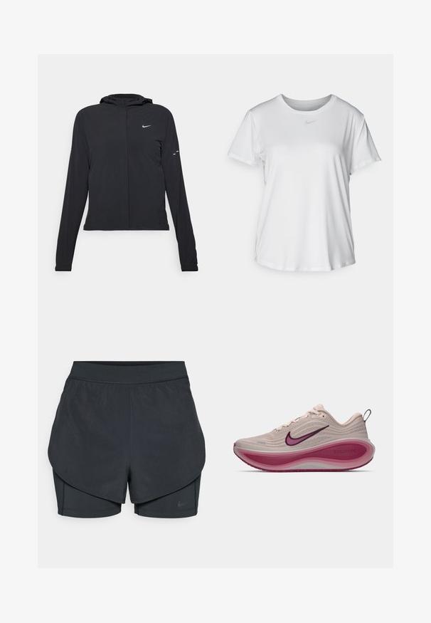 Black hooded jacket with long sleeves, made from lightweight material. Features a front zipper, a Nike logo, and subtle design accents.; White short-sleeve T-shirt made of smooth fabric, featuring a round neckline and a small grey Nike logo on the chest.; Black athletic shorts with a layered design, featuring a smooth outer layer and fitted inner shorts. Made of lightweight, stretch fabric.; Nike ZoomX running shoe in light beige with textured upper, curved pink midsole, and purple accents on the logo and outsole.