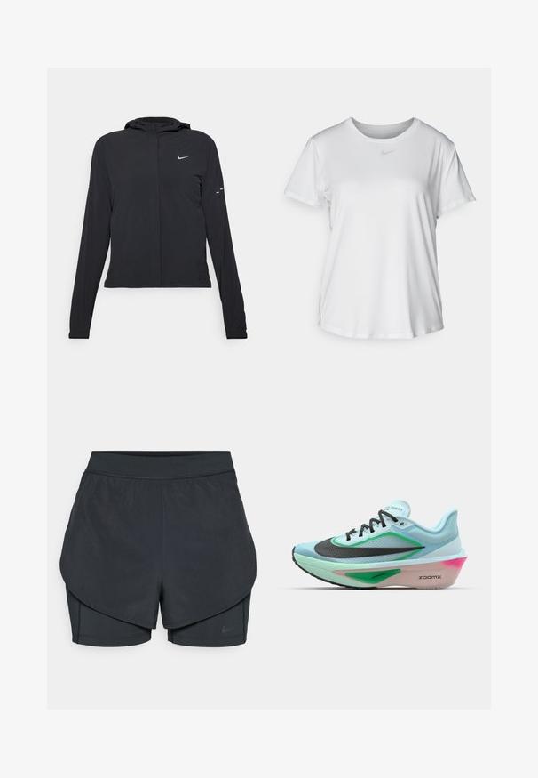 Fekete kapucnis dzseki hosszú ujjakkal, könnyű anyagból készült. Elülső cipzárral, Nike logóval és diszkrét dizájn elemekkel rendelkezik.; Fehér, rövid ujjú póló sima anyagból, kerek nyakkivágással és egy kis szürke Nike logóval a mellkason.; Fekete sportnadrág réteges kialakítással, sima külső résszel és illeszkedő belső nadrággal. Könnyű, rugalmas anyagból készült.; Világoskék futócipő, textúrázott fekete hálós felső résszel, zöld kiegészítőkkel, rózsaszín árnyalatú középtalppal és gumitalppal. Felszerelt fűzőkkel és logóval.