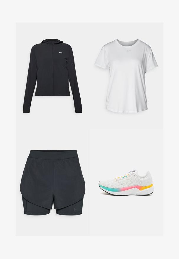 Jachetă neagră cu glugă, cu mâneci lungi, fabricată din material ușor. Dispune de un fermoar frontal, un logo Nike și accente de design subtile.; Tricou alb cu mânecă scurtă, confecționat dintr-un material neted, având guler rotund și un mic logo Nike gri pe piept.; Șorturi sportive negre cu un design stratificat, având o strat exterior neted și șorturi interioare ajustate. Fabricate dintr-un material ușor și elastic.; Shoe sportiv alb cu țesătură texturată, accente colorate în degrade de roz, turcoaz și galben, și un design de talpă care oferă suport.