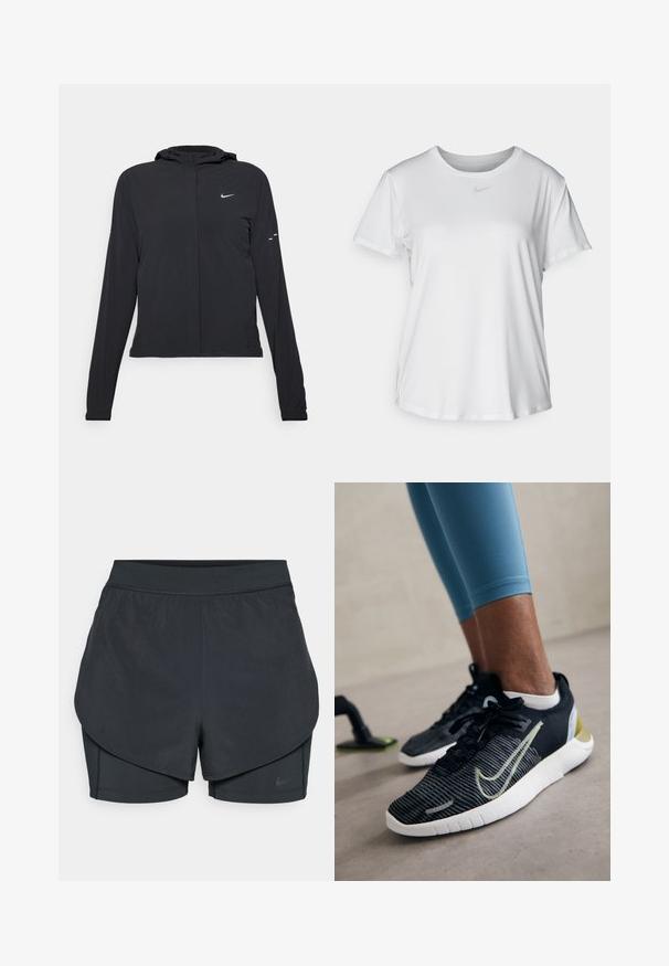 Chaqueta negra con capucha y mangas largas, hecha de un material ligero. Presenta un cierre frontal, un logo de Nike y acentos de diseño sutiles.; Camiseta blanca de manga corta hecha de tejido suave, con un escote redondo y un pequeño logo de Nike gris en el pecho.; Pantalones cortos deportivos negros con un diseño en capas, que cuentan con una capa exterior suave y pantalones cortos interiores ajustados. Fabricados con una tela ligera y elástica.; Zapatillas deportivas negras con tejido texturizado, suela blanca y un detalle amarillo. Presentan un diseño con cordones y un logotipo destacado en el lateral.