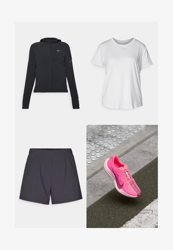 Fekete kapucnis dzseki hosszú ujjakkal, könnyű anyagból készült. Elülső cipzárral, Nike logóval és diszkrét dizájn elemekkel rendelkezik.; Fehér, rövid ujjú póló sima anyagból, kerek nyakkivágással és egy kis szürke Nike logóval a mellkason.; Fekete sportos rövidnadrág könnyű, rugalmas anyagból. Rugalmas derékkal és egyszerű, díszítés nélküli dizájnnal rendelkezik.; Nike sportcipő élénk rózsaszínben, hálós felsőrésszel, párnázott bokarésszel, fehér középtalppal, valamint sötétebb rózsaszín orr résszel és swoosh részlettel.