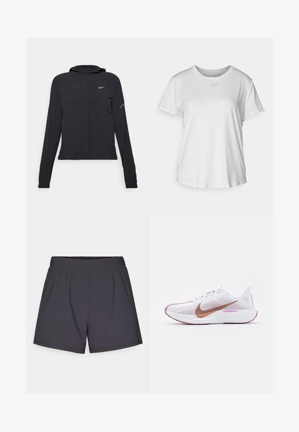 Must musta kapuutsiga jakk, millel on pikad varrukad ja mis on valmistatud kergetest materjalidest. Omab esitaskut, Nike logo ja kergelt silmatorkavaid disainiaktsente.; Valge lühikeste varrukatega T-särk, mis on valmistatud siledast kangast, ümarate kaelustega ning mille rinnal on väike hall Nike logo.; Mustad mustriteta lühikesed spordipüksid, mis on valmistatud kergest ja venivast kangast. Omavad elastset vööd ja lihtsat, kaunistusteta disaini.; Nike Performance PEGASUS PLUS - Maanteejooksu jalatsid - white/metallic red bronze/platinum violet/plum dust/hot fuchsia
