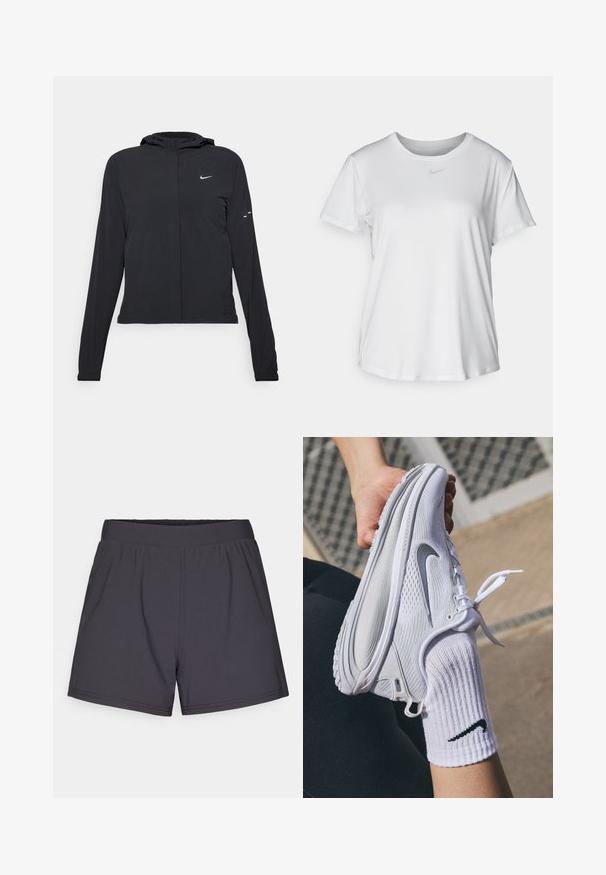 Zwarte kaptrui met lange mouwen, gemaakt van lichtgewicht materiaal. Voorzien van een ritssluiting aan de voorkant, een Nike-logo en subtiele ontwerpelementen.; Witte T-shirt met korte mouwen van gladde stof, met een ronde halslijn en een klein grijs Nike-logo op de borst.; Zwarte sportieve shorts van een lichtgewicht, rekbaar materiaal. Voorzien van een elastische tailleband en een eenvoudig, onversierd ontwerp.; Witte sportieve schoen met een textuurontwerp en een grijs Nike-logo, vastgehouden boven een witte sok. De schoen heeft een flexibele zool en veters.