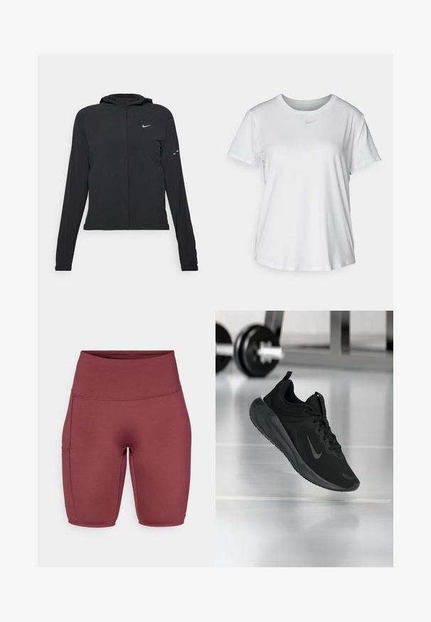 Fekete kapucnis dzseki hosszú ujjakkal, könnyű anyagból készült. Elülső cipzárral, Nike logóval és diszkrét dizájn elemekkel rendelkezik.; Fehér, rövid ujjú póló sima anyagból, kerek nyakkivágással és egy kis szürke Nike logóval a mellkason.; Burgundi színű, magas derékú sort, sima, rugalmas anyagból. Oldalsó zsebbel és formázott dizájnnal rendelkezik, aktív viselethez ideális.; Fekete sportcipő Nike logóval, amely a levegőben látható az edzőterem padlóján, a háttérben elmosódott kézi súlyzó állvánnyal.