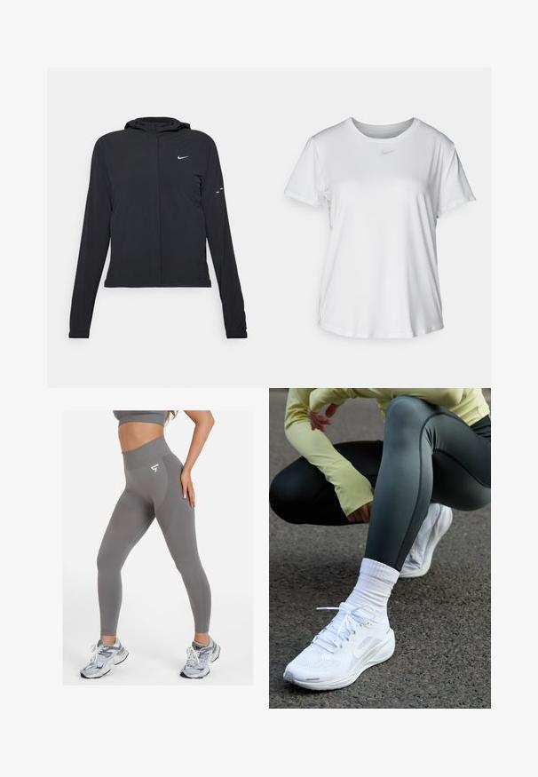 Chaqueta negra con capucha y mangas largas, hecha de un material ligero. Presenta un cierre frontal, un logo de Nike y acentos de diseño sutiles.; Camiseta blanca de manga corta hecha de tejido suave, con un escote redondo y un pequeño logo de Nike gris en el pecho.; SQUATPROOF LEGACY SEAMLESS HIGH WAISTED - Leggings - dark grey; Zapatillas deportivas blancas con parte superior de malla, cordones planos y suela acolchada, combinadas con leggings verde oscuro y una camiseta de manga larga amarilla clara.