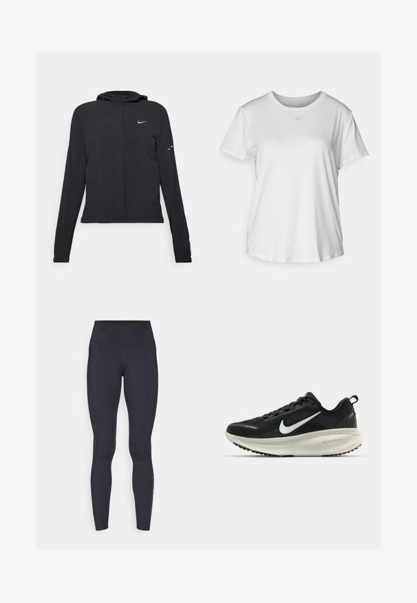 Svart hettegenser med lange ermer, laget av lett materiale. Har glidelås foran, Nike-logo og subtile design detaljer.; Hvit kortermet T-skjorte laget av glatt stoff, med rund halsringning og en liten grå Nike-logo på brystet.; Svarte høytalende tights laget av et elastisk, glatt stoff. Har sidesømmer og en subtil logo nederst på benet.; Svart Nike løpesko med pustende mesh-overdel, hvit swoosh-logo, teksturert detaljer og en kremfarget ZoomX mellomsåle.