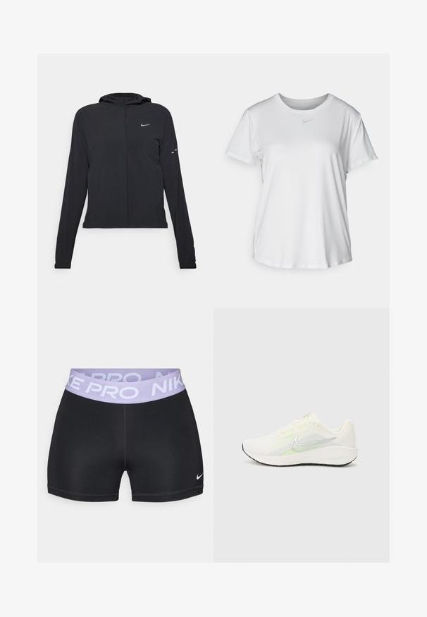 Crna jakna s kapuljačom i dugim rukavima, izrađena od laganog materijala. Ima prednji patentni zatvarač, Nike logo i suptilne dizajnerske detalje.; Bijela majica kratkih rukava od glatkog materijala, s okruglim izrezom i malim sivim Nike logom na prsima.; Crne kratke hlače s glatkom teksturom i lavandom pojasom označenim "NIKE PRO." Imaju mali bijeli Nike logotip na nozi.; Nike Performance DOWNSHIFTER 13 - Tenisice za cestovno trčanje - sail/silver-coloured photon dust/summit white/barely volt/black
