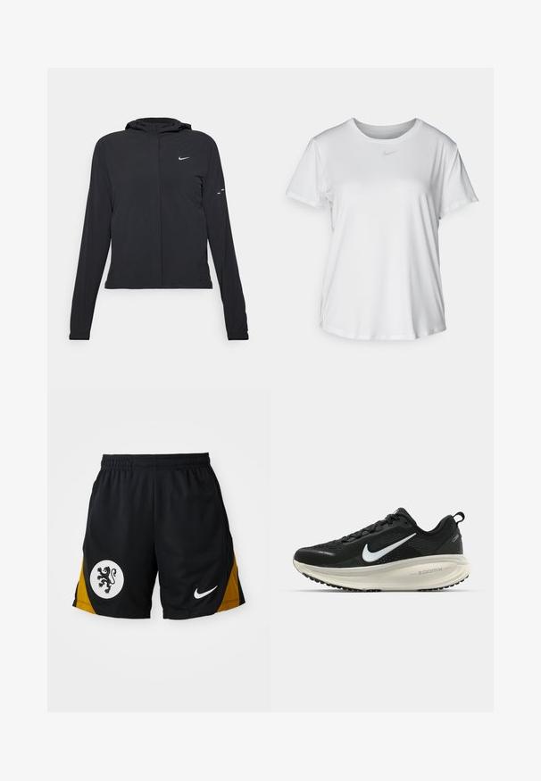 Melnā kapuci jaka ar garām piedurknēm, izgatavota no viegla materiāla. Tam ir priekšējais rāvējslēdzis, Nike logo un smalki dizaina akcenti.; Balta īsām piedurknēm T-kreklā, kas izgatavota no gludas auduma, ar apaļo kakla izgriezumu un mazu pelēku Nike logo uz krūšu.; Melni sporta šorti ar dzeltenu akcentu paneli, baltu apļa emblemu ar melnu lauvu un baltu Nike logo uz apakšmalas.; Melnas Nike skriešanas kurpes ar elpojošu acs augšdaļu, baltu Swoosh logotipu, strukturētu apdari un krēmkrāsas ZoomX starpsole.