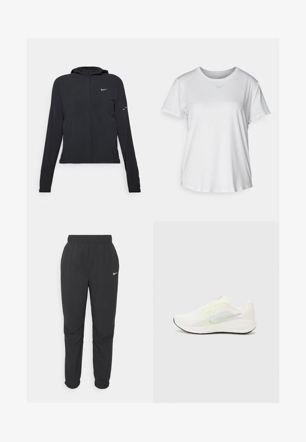 Sort hættetrøje med lange ærmer, lavet af letvægtsmateriale. Har en frontlynlås, et Nike-logo og subtile designaccenter.; Hvid kortærmet T-shirt lavet af glat materiale, med en rund halsudskæring og et lille gråt Nike-logo på brystet.; Sort, lette joggebukser med elastisk talje og manchetter. Har et lille hvidt Nike-logo nær venstre hofte. Glat tekstur.; Nike Performance DOWNSHIFTER 13 - Løbesko til landevejen - sail/silver-coloured photon dust/summit white/barely volt/black