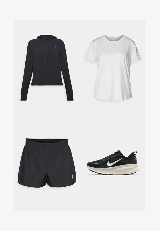 Black hooded jacket with long sleeves, made from lightweight material. Features a front zipper, a Nike logo, and subtle design accents.; White short-sleeve T-shirt made of smooth fabric, featuring a round neckline and a small grey Nike logo on the chest.; Black athletic shorts with an elastic waistband, smooth texture, curved hem, and side mesh accents. Features a small logo on the front.; Black Nike running shoe with breathable mesh upper, white swoosh logo, textured detailing, and a cream-colored ZoomX midsole.