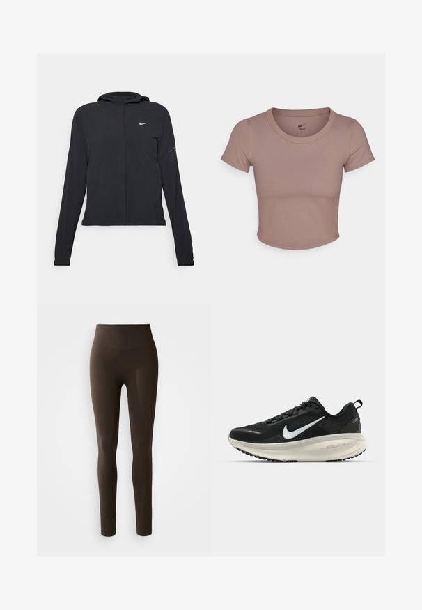 Črna kapuča s dolgimi rokavi, izdelana iz lahkega materiala. Ima sprednji zadrgo, logotip Nike in subtilne oblikovne detajle.; Rjava skrajšana majica s kratkimi rokavi, izdelana iz gladkega materiala, z okroglim izrezom. Logotip Nike je natisnjen znotraj ovratnika.; Rjave legice iz raztegljivega materiala z visokim pasom. Imajo gladko teksturo in prilegajoč dizajn. Brez vidnih vzorcev.; Črne Nike tekaške čevlje z zračno mrežno zgornjim delom, belim logotipom Swoosh, teksturiranimi detajli in smetanasto barvnim srednjim delom ZoomX.