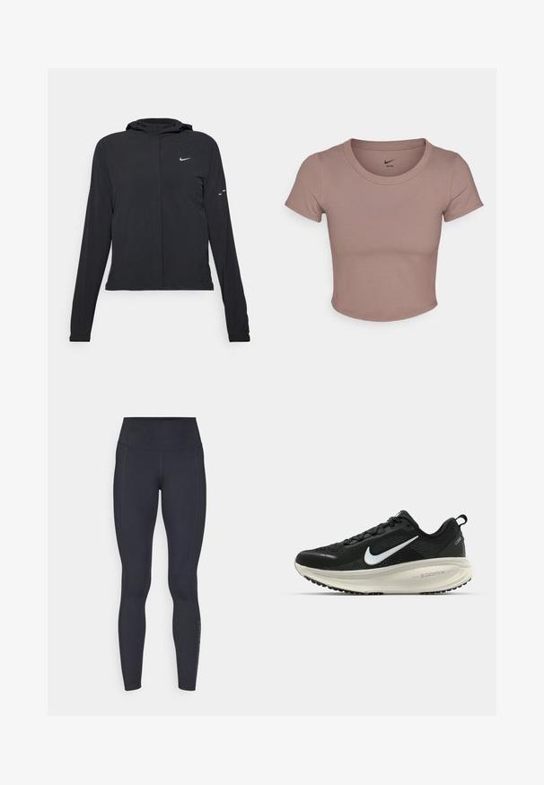 Giacca nera con cappuccio e maniche lunghe, realizzata in materiale leggero. Presenta una zip frontale, il logo Nike e accenti di design sottili.; T-shirt corto marrone realizzato in tessuto liscio, con scollo rotondo e maniche corte. Logo Nike stampato all'interno del colletto.; Leggings neri a vita alta realizzati in un tessuto elastico e liscio. Presentano cuciture laterali e un logo sottile sulla parte inferiore della gamba.; Scarpa da corsa nera Nike con tomaia in rete traspirante, logo Swoosh bianco, dettagli testurizzati e intersuola ZoomX di colore crema.