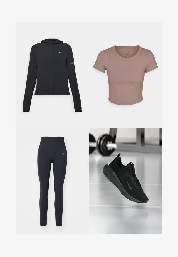 Zwarte kaptrui met lange mouwen, gemaakt van lichtgewicht materiaal. Voorzien van een ritssluiting aan de voorkant, een Nike-logo en subtiele ontwerpelementen.; Bruine cropped t-shirt gemaakt van soepele stof, met een ronde halslijn en korte mouwen. Nike-logo gedrukt aan de binnenkant van de kraag.; Hoge taille, donkergrijze leggings van rekbaar materiaal met een gladde textuur; voorzien van een klein logo aan de linkerkant.; Zwarte sportsneaker met Nike-logo, weergegeven in de lucht boven de gymvloer, met een vervaagde halterrek op de achtergrond.