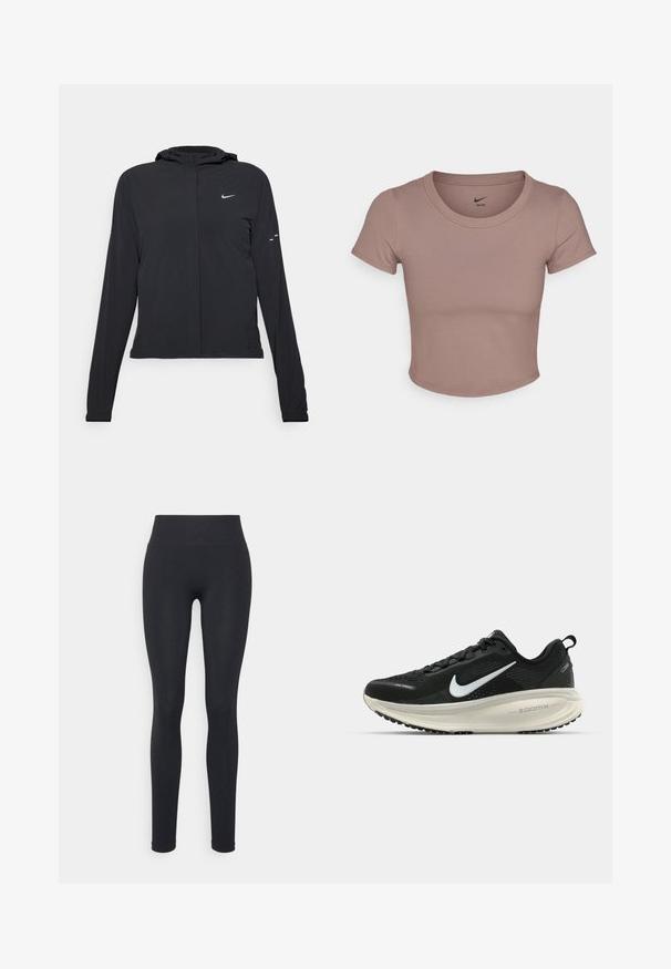 Black hooded jacket with long sleeves, made from lightweight material. Features a front zipper, a Nike logo, and subtle design accents.; Brown cropped t-shirt made of smooth fabric, featuring a round neckline and short sleeves. Nike logo printed inside collar.; Black leggings with a high waistband, featuring a smooth texture and a form-fitting design. No visible patterns or hardware details.; Black Nike running shoe with breathable mesh upper, white swoosh logo, textured detailing, and a cream-colored ZoomX midsole.
