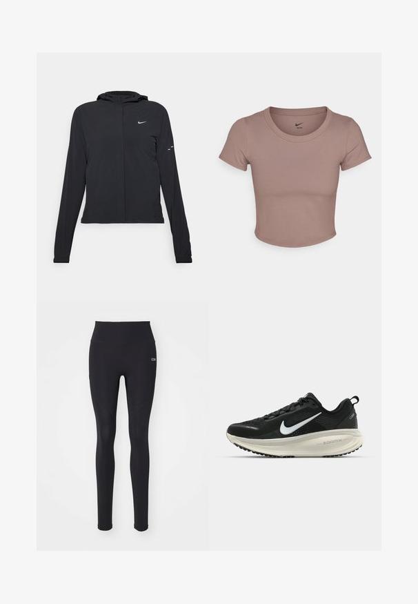Crna jakna s kapuljačom i dugim rukavima, izrađena od laganog materijala. Ima prednji patentni zatvarač, Nike logo i suptilne dizajnerske detalje.; Smeđa kratka majica s kratkim rukavima napravljena od glatkog materijala, s okruglim izrezom. Nike logo otisnut unutar ovratnika.; Crne tajice izrađene od rastezljivog materijala, visoki struk, glatka tekstura, s detaljima šavova i malim logotipom.; Crne Nike trkačke tenisice s prozračnom mrežastom gornjom konstrukcijom, bijelim swoosh logotipom, teksturiranim detaljima i kremastom ZoomX srednjom potplatnom jedinicom.