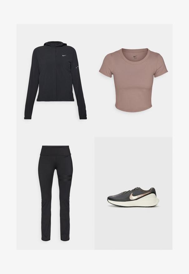 Melnā kapuci jaka ar garām piedurknēm, izgatavota no viegla materiāla. Tam ir priekšējais rāvējslēdzis, Nike logo un smalki dizaina akcenti.; Brūns kropts T-krekls, izgatavots no gludas auduma, ar apaļu kakla izgriezumu un īsām piedurknēm. Nike logo drukāts apkakles iekšpusē.; Melnas sporta legīnas ar platu jostasvadu, izgatavotas no elastīga materiāla, kuras kreisajā augšstilbā rotā trīs horizontālas svītras.; Melna sporta kurpe ar teksturētu sietiņu augšdaļu, metālisku rozā zīmotni un baltu mīksto zoli. Gumijas zole ar saķeres rakstu.