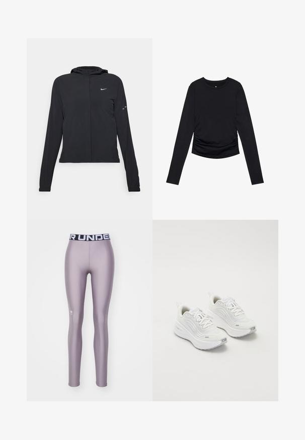 Giacca nera con cappuccio e maniche lunghe, realizzata in materiale leggero. Presenta una zip frontale, il logo Nike e accenti di design sottili.; Top nero a maniche lunghe con scollo rotondo e dettagli arricciati sui lati, esposto su uno sfondo bianco uniforme.; Leggings di colore viola chiaro, realizzati in materiale liscio ed elastico. Presentano un cintura nera con "UNDER ARMOUR" stampato in bianco. Logo sulla gamba.; Scarpe da ginnastica bianche con tomaia in rete testurizzata, suola ammortizzata e sottili dettagli grigi. Comprendono il branding e una linguetta sul tallone per una facile calzata.