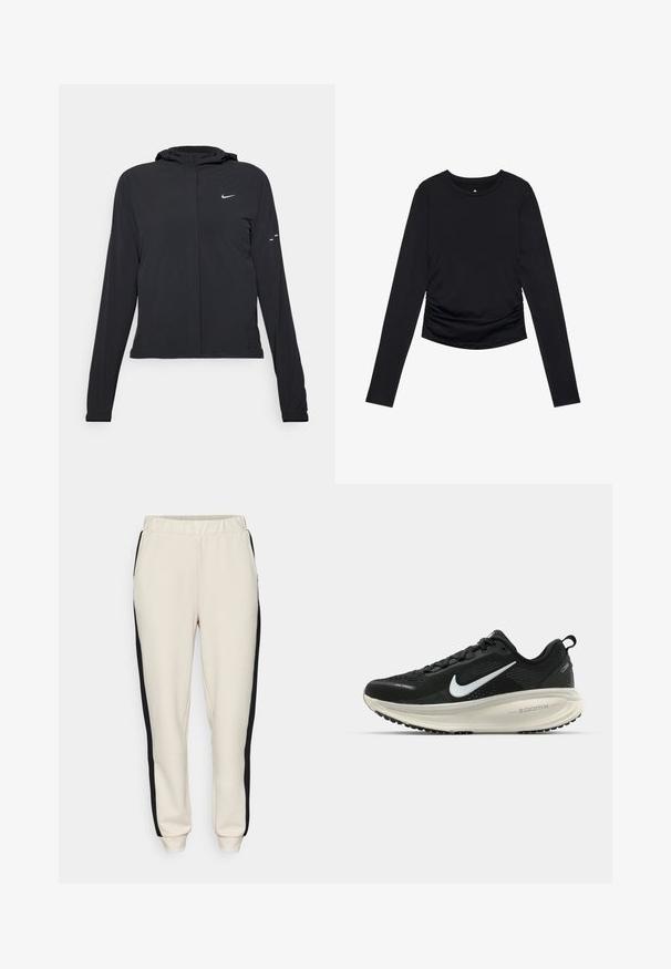 Schwarze Kapuzenjacke mit langen Ärmeln, aus leichtem Material gefertigt. Sie hat einen vorderen Reißverschluss, ein Nike-Logo und dezente Designelemente.; Schwarzes langärmliges Oberteil mit rundem Ausschnitt und Raffung an den Seiten, präsentiert vor einem schlichten weißen Hintergrund.; Beige Sweathosen mit schwarzen Seitenstreifen, elastischem Bund und Bündchen an den Knöcheln. Hergestellt aus weichem, dehnbarem Material und ausgestattet mit Seitentaschen.; Schwarzer Nike-Laufschuh mit atmungsaktivem Mesh-Obermaterial, weißem Swoosh-Logo, strukturierten Details und einer cremefarbenen ZoomX-Zwischensohle.