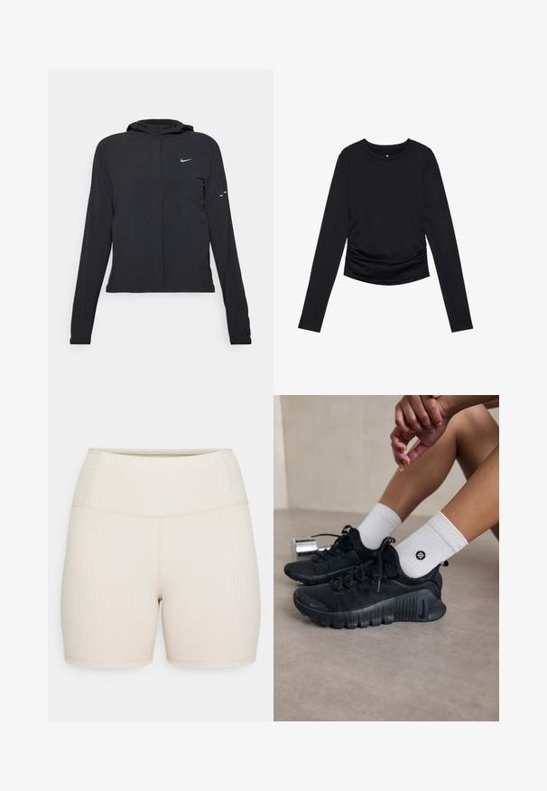 Mustassa hupparissa on pitkät hihat, ja se on valmistettu kevyestä materiaalista. Siinä on edessä vetoketju, Nike-logo ja hillityt muotoiluyksityiskohdat.; Musta pitkähihainen toppi pyöreällä pääntiellä ja sivuilla rypytetyillä yksityiskohdilla, esiteltynä yksinkertaisella valkoisella taustalla.; Beige ribbede shortsit korkean vyötärön kera. Sileä pinta, tiukka malli ja polven ylle ulottuva pituus. Ei näkyviä tarvikkeita tai kuvioita.; Mustat urheilukengät, joissa on teksturoitu kangas, nauhakiinnitys ja näyttävä pohja, yhdistettyinä valkoisiin ribbikuvioisiin sokkeihin, joissa on pieni logo.
