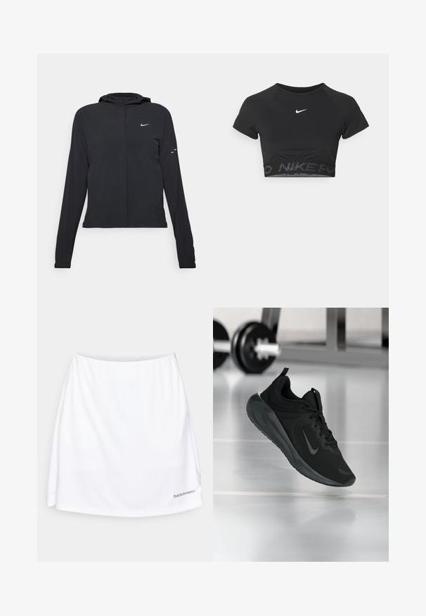 Zwarte kaptrui met lange mouwen, gemaakt van lichtgewicht materiaal. Voorzien van een ritssluiting aan de voorkant, een Nike-logo en subtiele ontwerpelementen.; Zwarte sporttop met korte mouwen, voorzien van een wit Nike-logo en een getextureerde band met "NIKE" in een patroon aan de onderkant.; Witte sportrok met een zachte textuur, een brede tailleband en een logo in de rechterbenedenhoek. Heeft een losse pasvorm voor comfort.; Zwarte sportsneaker met Nike-logo, weergegeven in de lucht boven de gymvloer, met een vervaagde halterrek op de achtergrond.