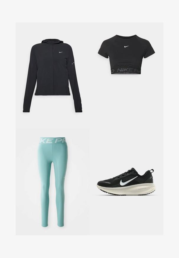 Must musta kapuutsiga jakk, millel on pikad varrukad ja mis on valmistatud kergetest materjalidest. Omab esitaskut, Nike logo ja kergelt silmatorkavaid disainiaktsente.; Mustas lühikeste varrukatega sportlik crop top, millel on valge Nike logo ja tekstuuriga riba, mille servas on mustriga "NIKE".; Heledad sinine sportlikud retuusid, millel on valge Nike Pro kaubamärgiga vöökoht ja väike valge Nike swoosh paremal reiel.; Musthave mustus Nike jooksujalats, millel on hingav võrgust ülemine osa, valge swoosh logo, tekstuuriga detailid ja kreemja värvusega ZoomX vahevöö.
