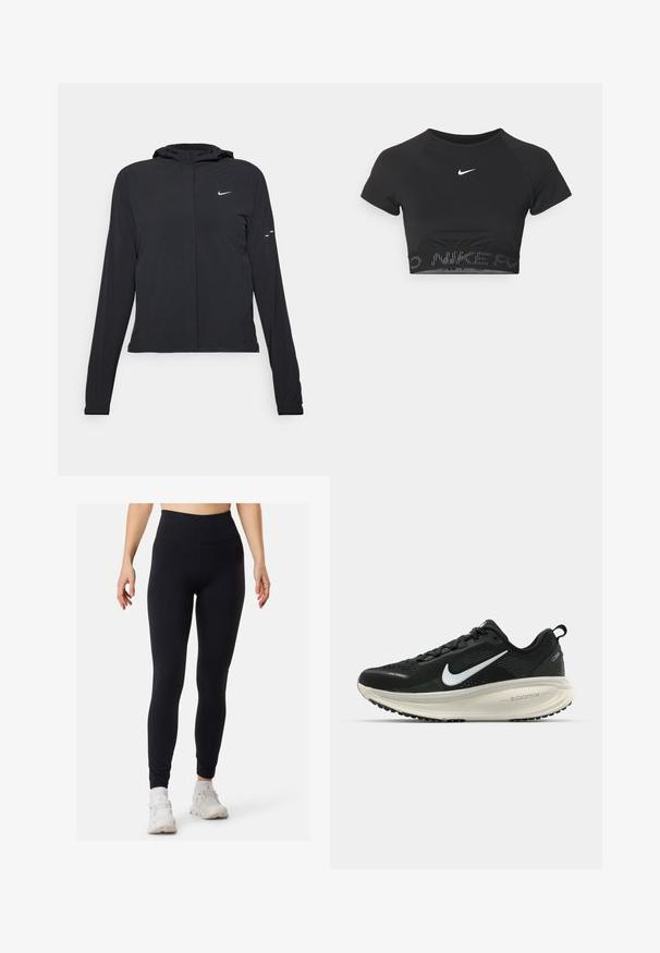 Svart huva jacka med långa ärmar, gjord av lätt material. Har en framdragare, en Nike-logotyp och subtila designelement.; Svart kortärmad sporttop med croppad passform, som har en vit Nike-logga och ett strukturerat band med "NIKE" i ett mönster vid nederkanten.; Svarta leggings med hög midja, tillverkade av ett glättigt, elastiskt material. Har en åtsittande design och platta sömmar, lämpliga för träningskläder.; Svart Nike löparsko med andningsbart mesh-ovandel, vit swoosh-logotyp, texturerad detaljering och en krämfärgad ZoomX-mellansula.