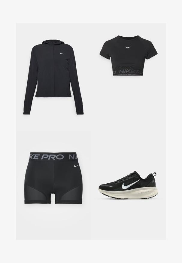 Veste à capuche noire avec des manches longues, fabriquée en matériau léger. Elle comporte une fermeture éclair à l'avant, un logo Nike et des accents de design subtils.; Haut de sport noir cropped à manches courtes, avec un logo Nike blanc et une bande texturée avec "NIKE" en motif au bas.; Shorts de sport noirs avec une large ceinture comportant "NIKE PRO" en gris. Comprend des panneaux en maille sur les côtés et un petit logo blanc.; Baskets de course noir Nike avec tige respirante en mesh, logo swoosh blanc, détails texturés et semelle intermédiaire ZoomX de couleur crème.
