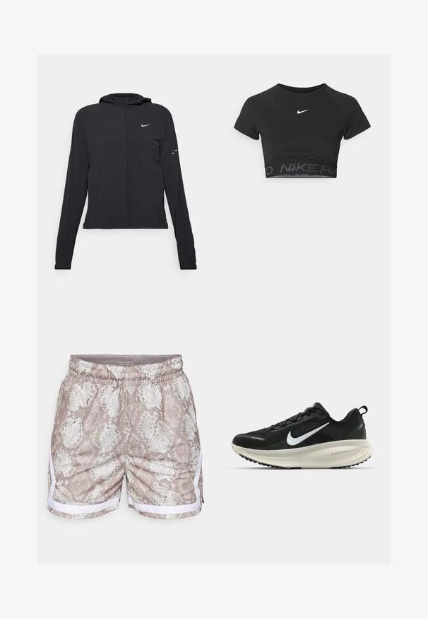 Black hooded jacket with long sleeves, made from lightweight material. Features a front zipper, a Nike logo, and subtle design accents.; Black cropped sports top with short sleeves, featuring a white Nike logo and a textured band with "NIKE" in a pattern at the hem.; Shorts with a snake skin pattern in beige and white, featuring an elastic waistband and white side accents. Smooth texture, casual design.; Black Nike running shoe with breathable mesh upper, white swoosh logo, textured detailing, and a cream-colored ZoomX midsole.