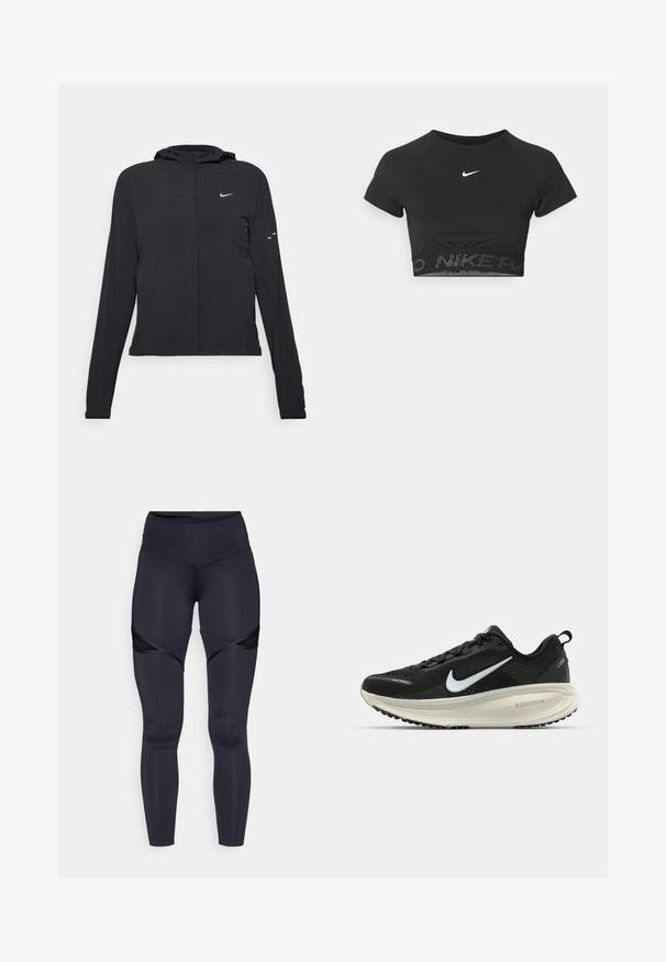 Jachetă neagră cu glugă, cu mâneci lungi, fabricată din material ușor. Dispune de un fermoar frontal, un logo Nike și accente de design subtile.; Top sport negru crop cu mâneci scurte, având un logo alb Nike și o bandă texturată cu „NIKE” într-un model la tiv.; Leggings înalte, de culoare bleumarin, fabricate dintr-un material elastic, având decupaje din plasă pe laterale și un finisaj neted și elegant.; Pantofii de alergare negri de la Nike, cu parte superioară din plasă respirabilă, logo-ul alb Swoosh, detalii texturate și o talpă intermediară ZoomX de culoare crem.