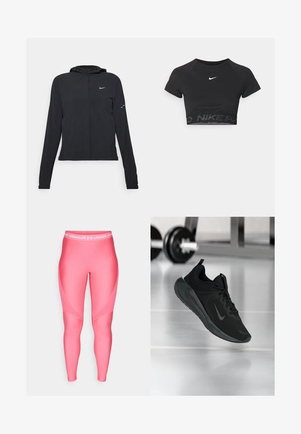 Black hooded jacket with long sleeves, made from lightweight material. Features a front zipper, a Nike logo, and subtle design accents.; Black cropped sports top with short sleeves, featuring a white Nike logo and a textured band with "NIKE" in a pattern at the hem.; Pink athletic leggings with a smooth texture, featuring a white elastic waistband with the "Under Armour" logo and angular design details.; Black sports sneaker with Nike logo, shown mid-air on gym floor, with blurred dumbbell rack in background.