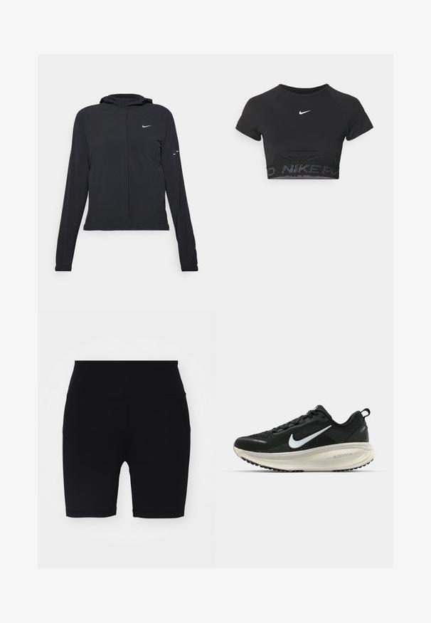Giacca nera con cappuccio e maniche lunghe, realizzata in materiale leggero. Presenta una zip frontale, il logo Nike e accenti di design sottili.; Top sportivo corto nero con maniche corte, caratterizzato da un logo Nike bianco e da un bordo testurizzato con la scritta "NIKE" in un motivo all'orlo.; Pantaloni sportivi neri con una texture liscia, lunghezza a metà coscia, vita alta e tasche laterali. Design semplice, senza motivi o decorazioni visibili.; Scarpa da corsa nera Nike con tomaia in rete traspirante, logo Swoosh bianco, dettagli testurizzati e intersuola ZoomX di colore crema.