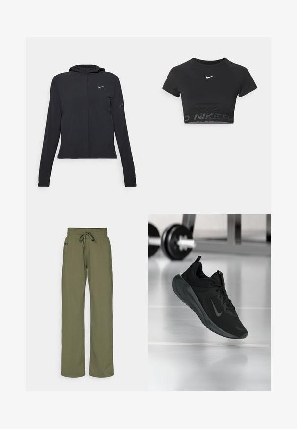 Black hooded jacket with long sleeves, made from lightweight material. Features a front zipper, a Nike logo, and subtle design accents.; Black cropped sports top with short sleeves, featuring a white Nike logo and a textured band with "NIKE" in a pattern at the hem.; Under Armour MOTION OPEN PANT - Tracksuit bottoms - marine green/black; Black sports sneaker with Nike logo, shown mid-air on gym floor, with blurred dumbbell rack in background.