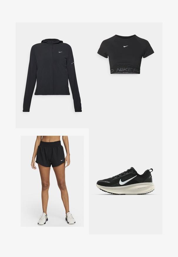 Jachetă neagră cu glugă, cu mâneci lungi, fabricată din material ușor. Dispune de un fermoar frontal, un logo Nike și accente de design subtile.; Top sport negru crop cu mâneci scurte, având un logo alb Nike și o bandă texturată cu „NIKE” într-un model la tiv.; Shorts de sport negri, cu o croială lejeră, talie elastică și margine curbată. Prezintă un mic logo alb Nike în partea stângă jos.; Pantofii de alergare negri de la Nike, cu parte superioară din plasă respirabilă, logo-ul alb Swoosh, detalii texturate și o talpă intermediară ZoomX de culoare crem.