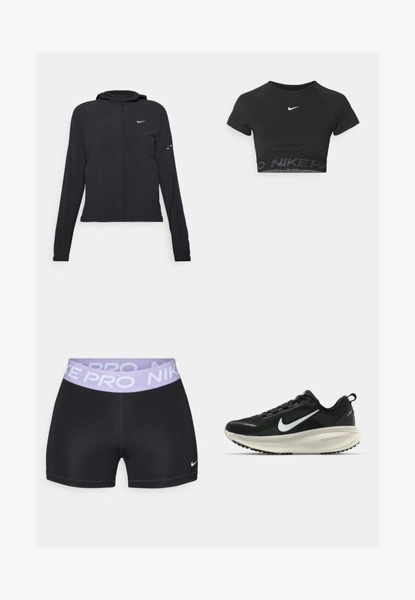 Black hooded jacket with long sleeves, made from lightweight material. Features a front zipper, a Nike logo, and subtle design accents.; Black cropped sports top with short sleeves, featuring a white Nike logo and a textured band with "NIKE" in a pattern at the hem.; Black shorts with a smooth texture and a lavender waistband labeled "NIKE PRO." Features a small white Nike logo on the leg.; Black Nike running shoe with breathable mesh upper, white swoosh logo, textured detailing, and a cream-colored ZoomX midsole.
